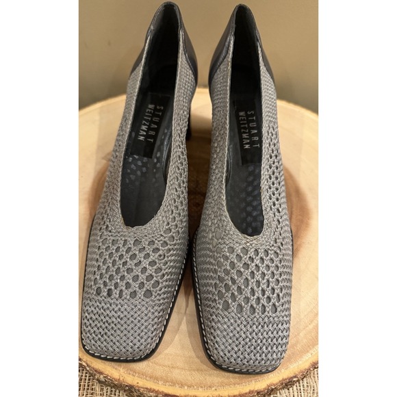 Stuart Weitzman Woven Mesh Point Block Heel Pumps Grey Silver Black Sz-8.5AA New - Picture 4 of 13